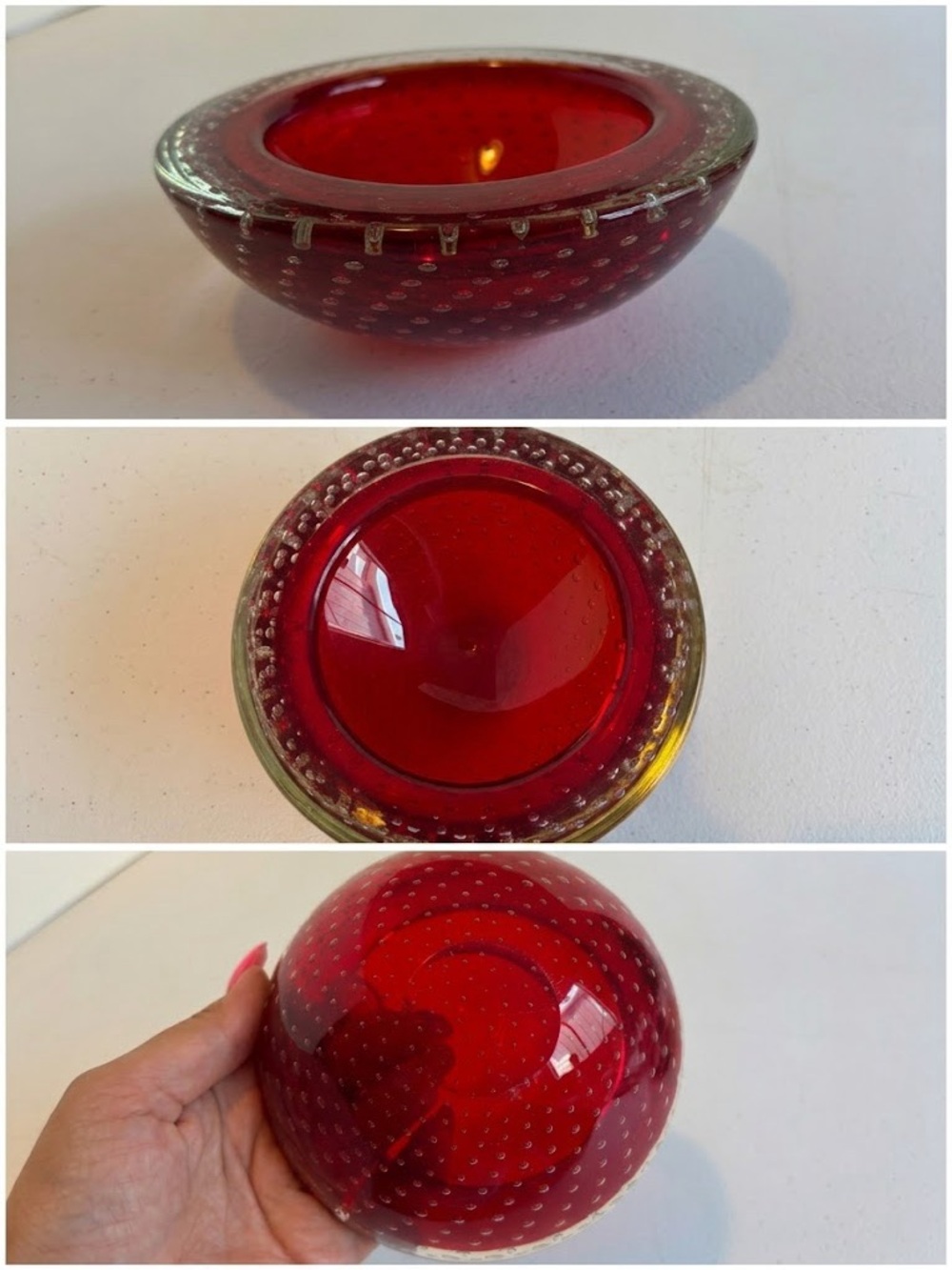 Vintage Red Art Glass Bubble Bowl Trinket Dish Controlled Bubble Mid Century mcm